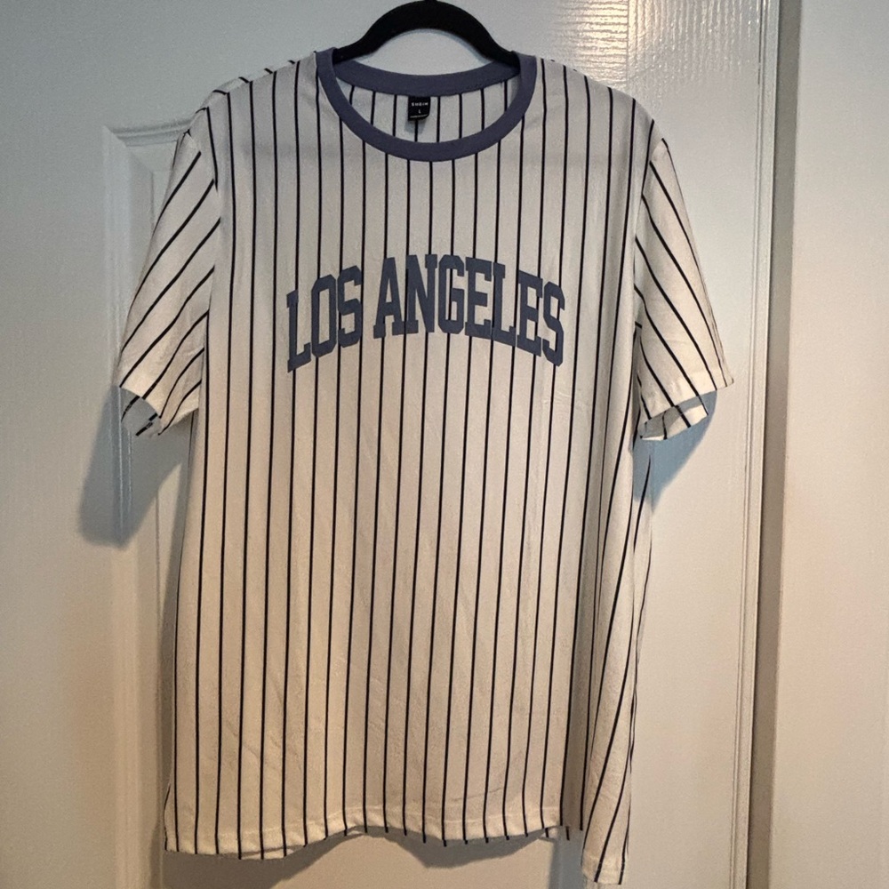 SHEIN White and Navy Striped Tee